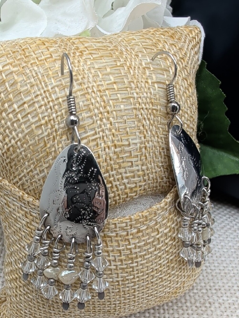 Vintage Artisan Hammered Silver Chandelier Earrings Crystal Bead Fringe 2.5" - Picture 13 of 17